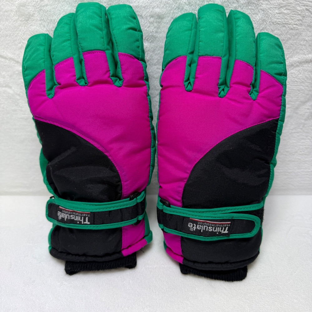 VTG 80-90s Thinsulate Color-Blocked Ski Gloves Pink Green Black Retro Women M/L
